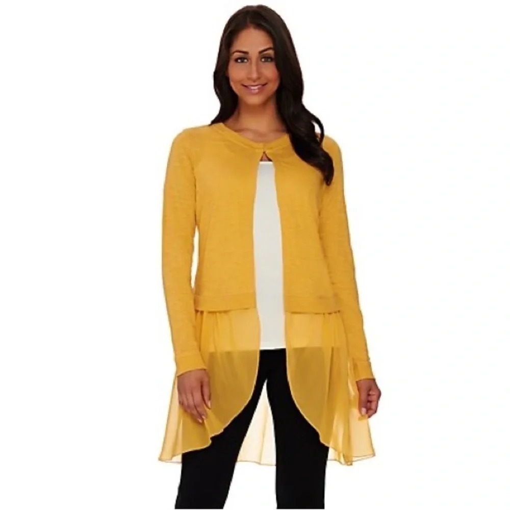 LOGO by Lori Goldstein • Slub Knit Cardigan with Chiffon Trim